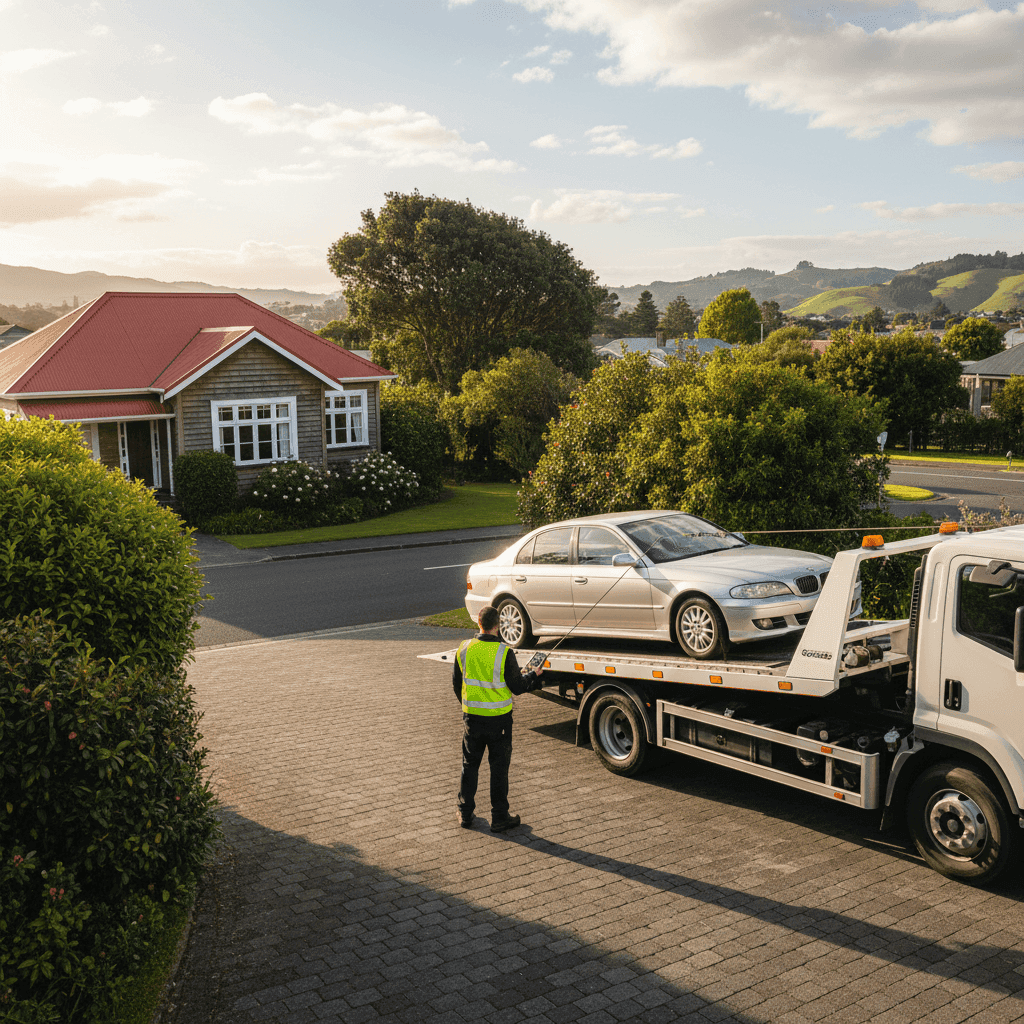 Tow truck operator loading a sedan onto a flatbed