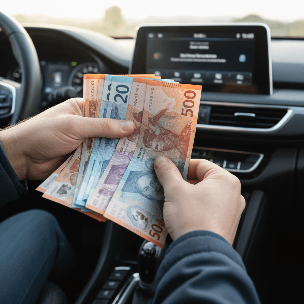 New Zealand cash banknotes being counted out during a vehicle purchase