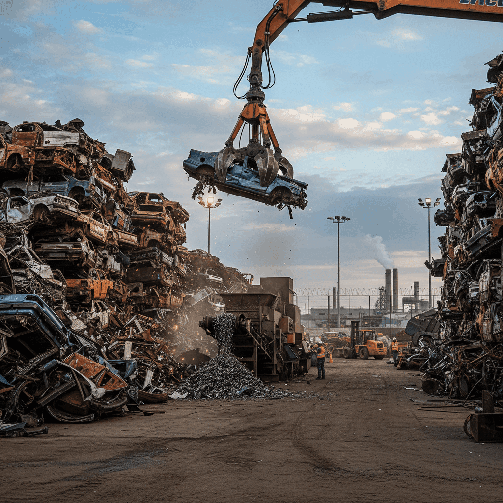 End-of-life vehicles being processed at a recycling yard
