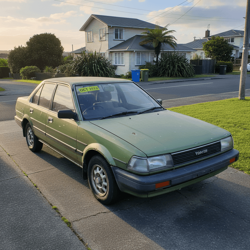 Older car parked in a driveway with an expired warrant of fitness sticker