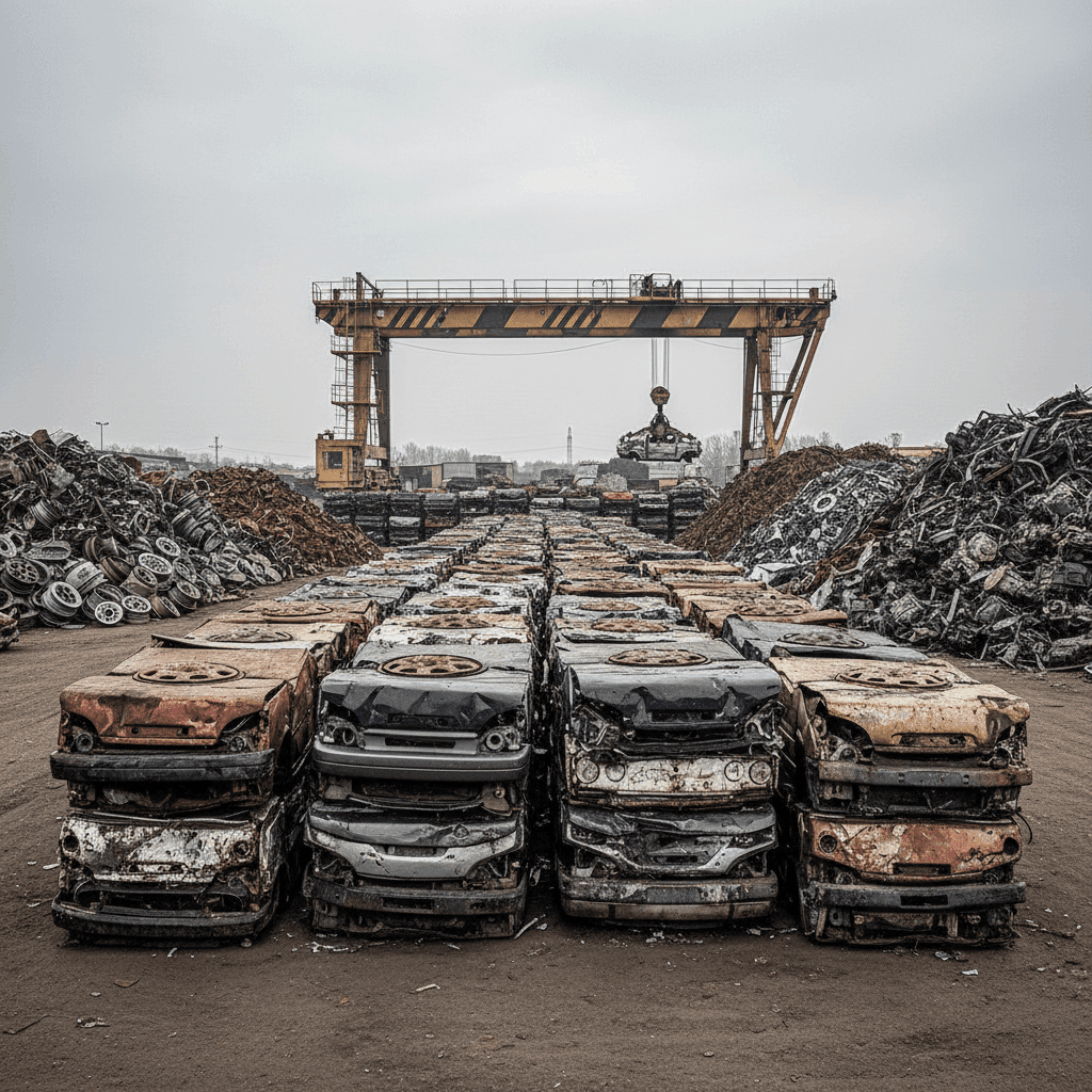 Crushed cars being processed for metal recycling at a scrapyard