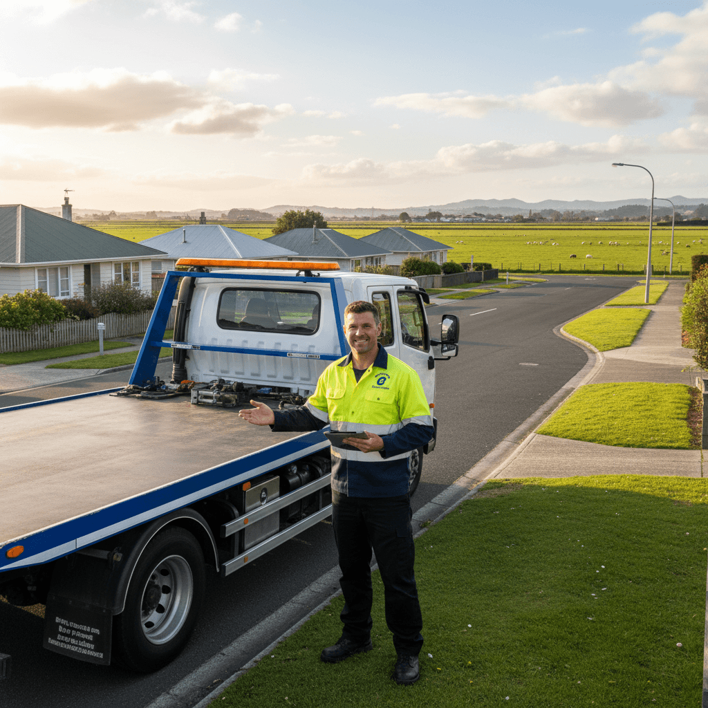 Team member standing beside a tow truck on a suburban street