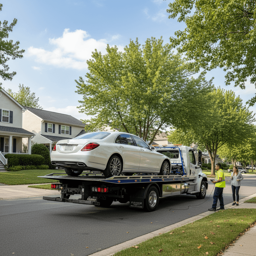 Flatbed tow truck loading a car for removal