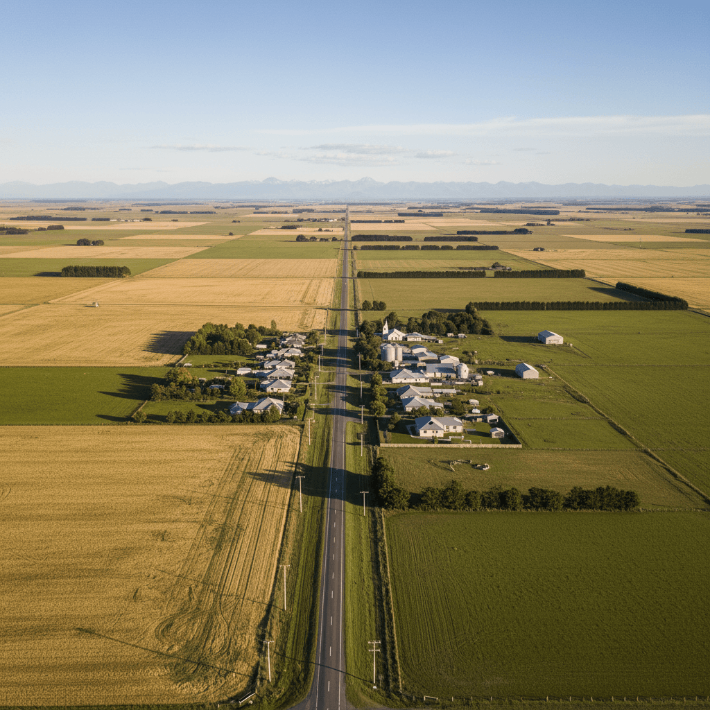 Aerial view of a small farming settlement surrounded by flat paddocks