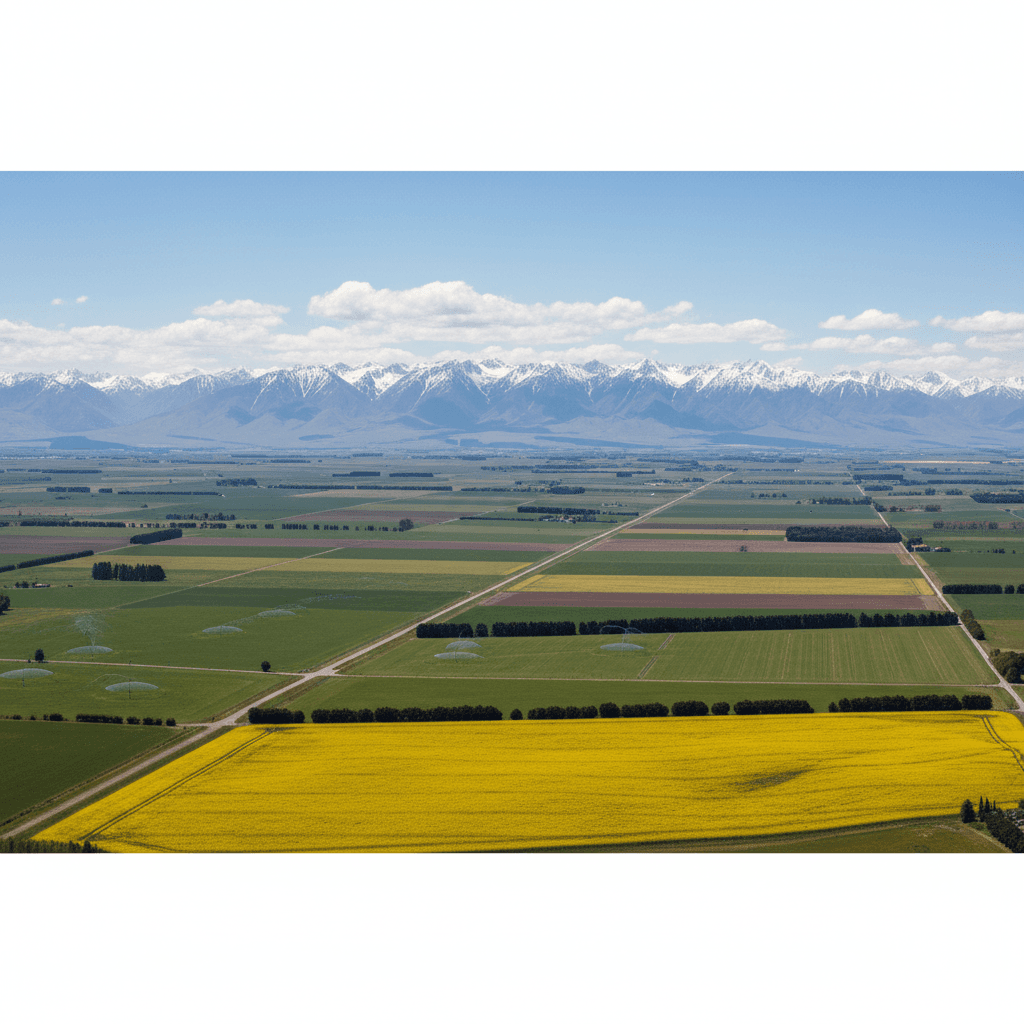 Flat farmland stretching toward snow-capped mountains on the horizon