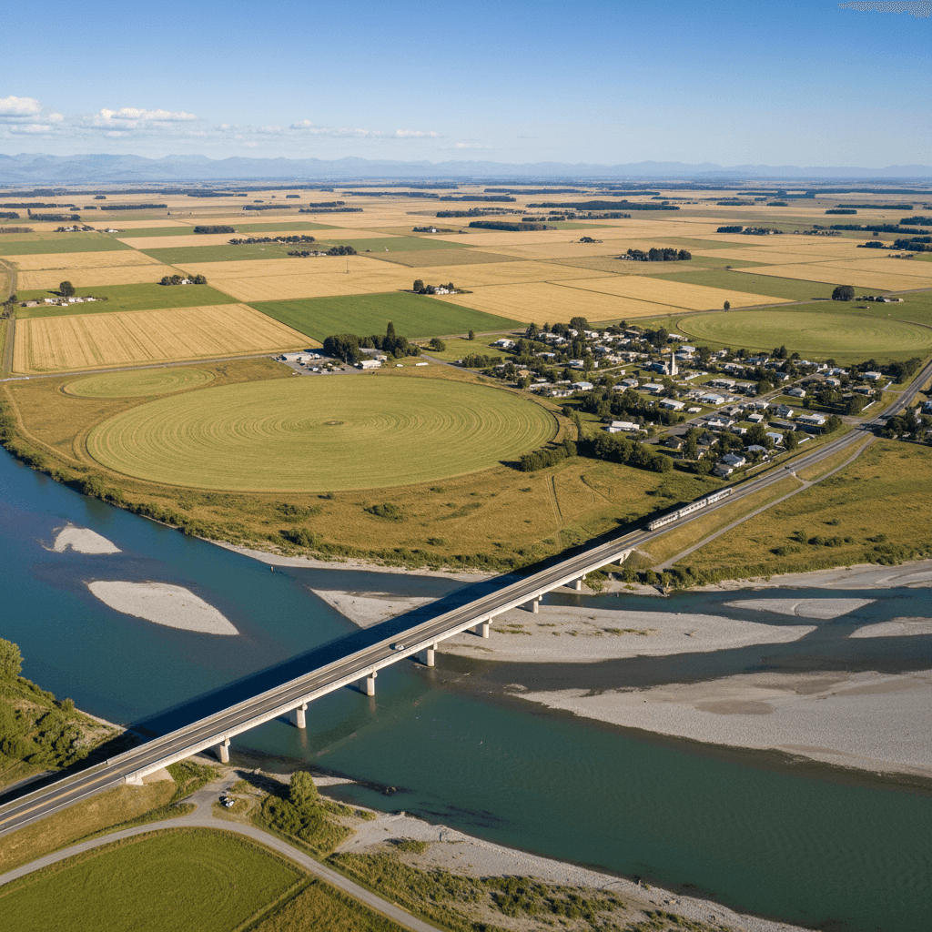 Aerial view of a road bridge crossing a river beside a rural town