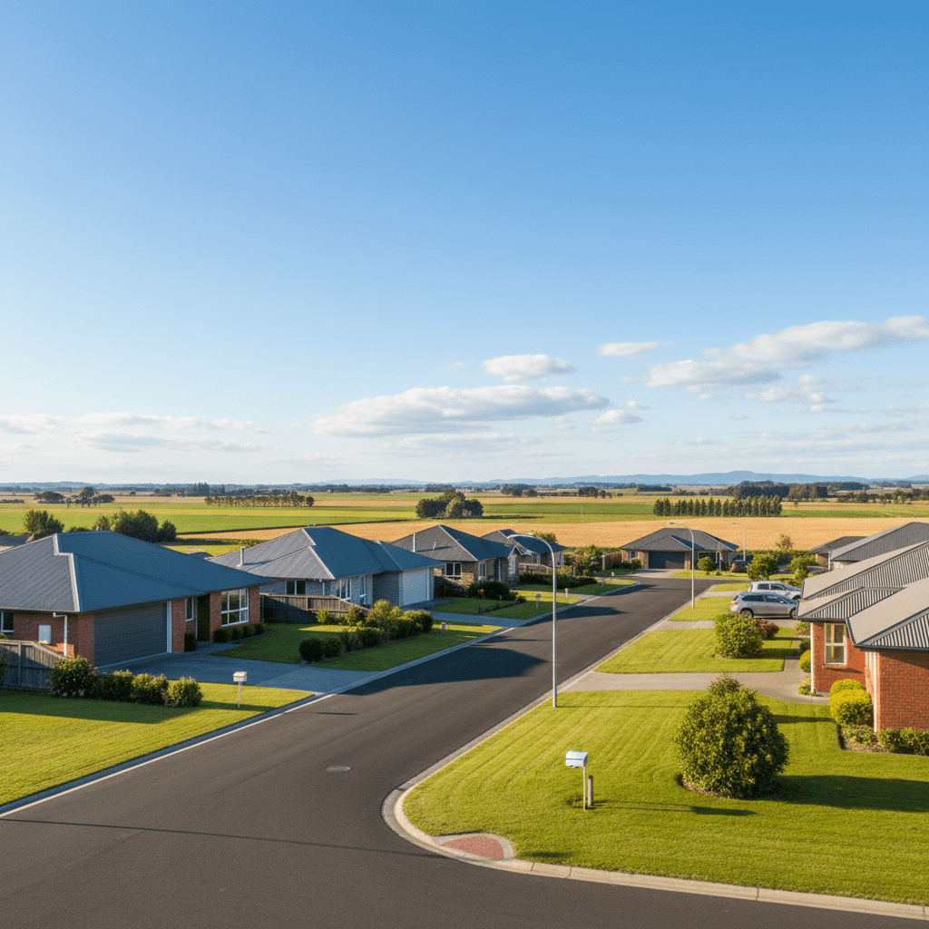 Quiet residential street with open farmland in the distance
